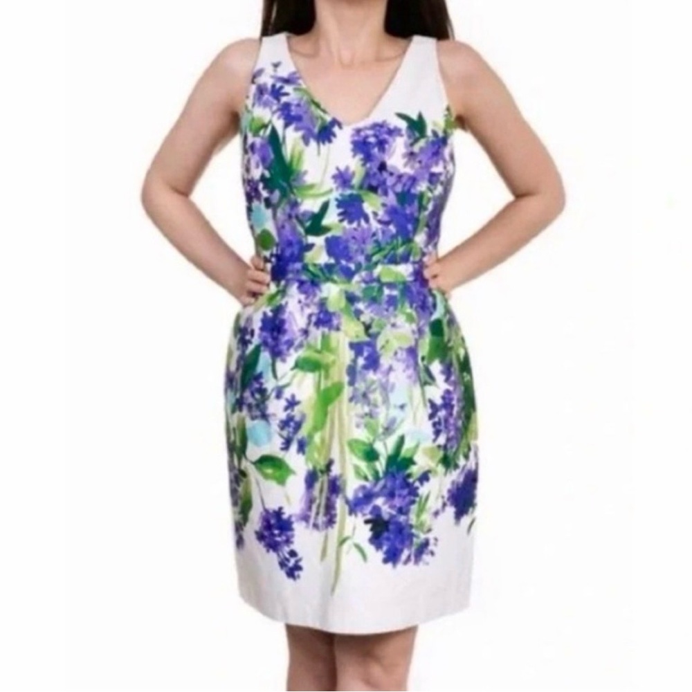 Lauren Ralph Lauren White Midi Dress with Purple & Green Floral Print Size 8